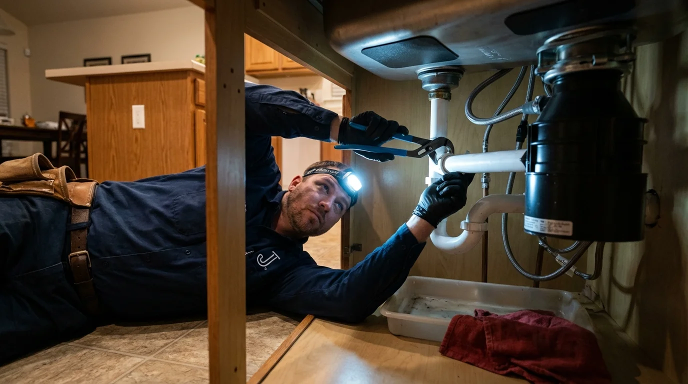 P-trap and supply line connections under a kitchen sink showing a common leak point in Livingston, NJ